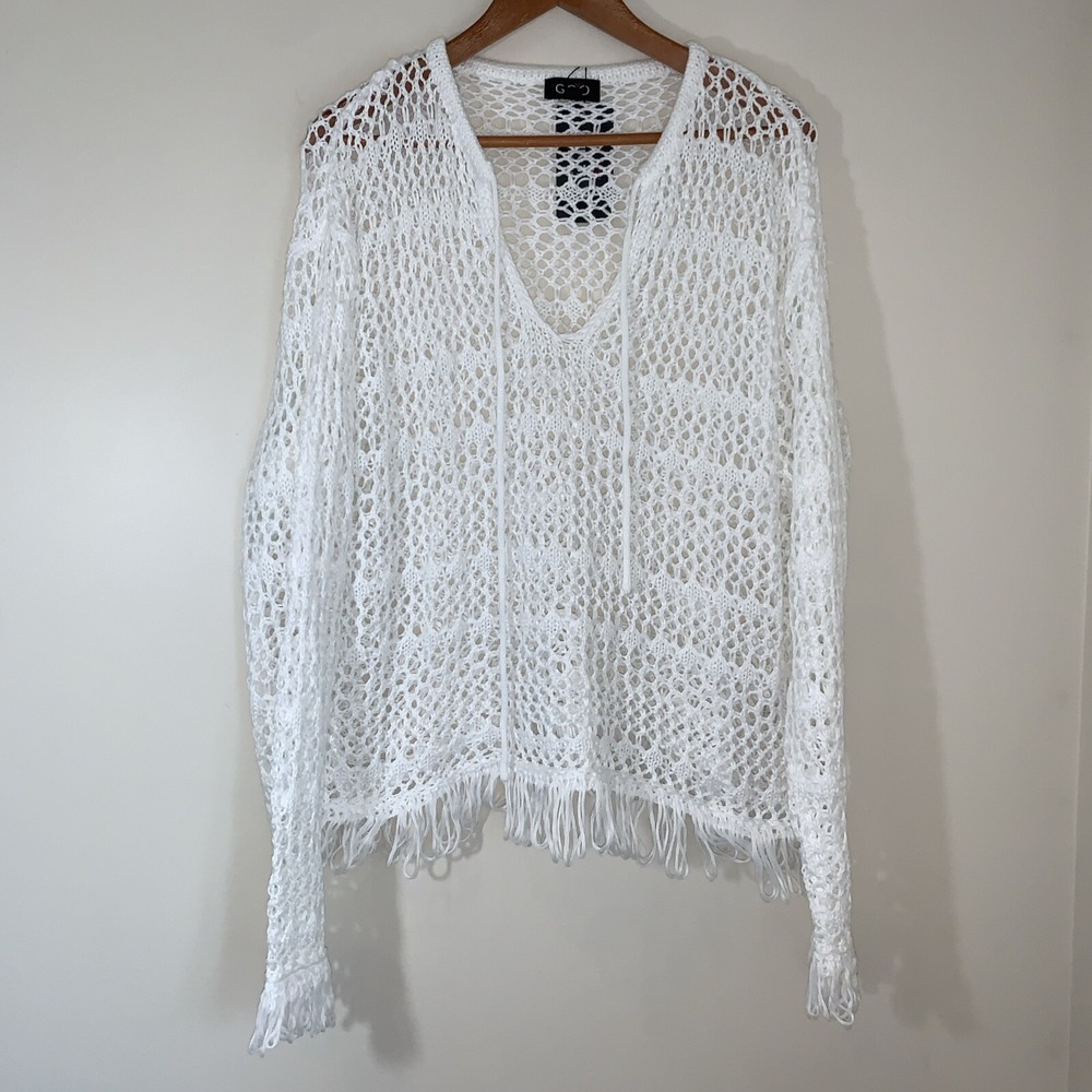 Gigio‎ Crochet Top Womens Large White Cotton Open Fringe Festival Boho Hippie